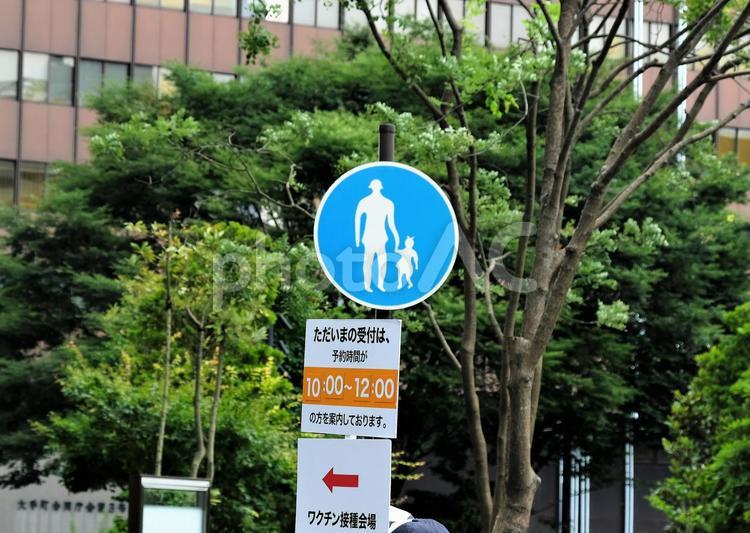 ワクチン接種会場矢印　場所と時間案内 コロナワクチン大規模接種会場,案内,誘導員の写真素材