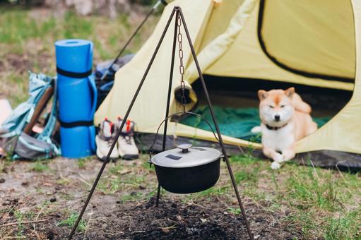 テント横で休む犬の写真