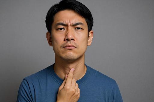 喉仏を押す男性の表情・のど・病気のサイン 喉仏を押す男性の表情・のど・病気のサインの写真