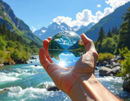 ガラス玉に映る地球と自然の風景の写真