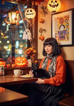 ハロウィンの猫カフェで黒猫を撫でる女性 ハロウィンの猫カフェで黒猫を撫でる女性の写真