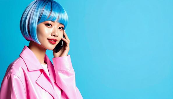 携帯電話で会話する個性的な女性 携帯電話で会話する個性的な女性の写真