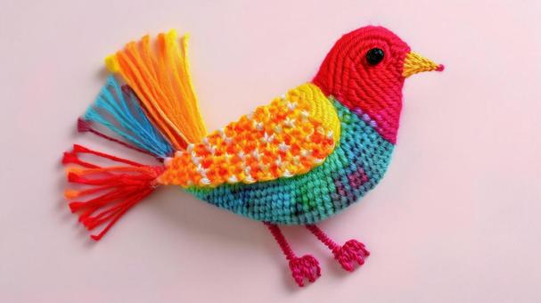 小鳥の刺繍のブローチ 背景ピンクの写真