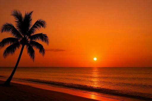 南国ビーチの夕日とヤシの木・サンセット 南国ビーチの夕日とヤシの木・サンセットの写真