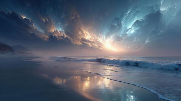 夕焼け空が反射する幻想的なビーチ 夕焼け空が反射する幻想的なビーチの写真
