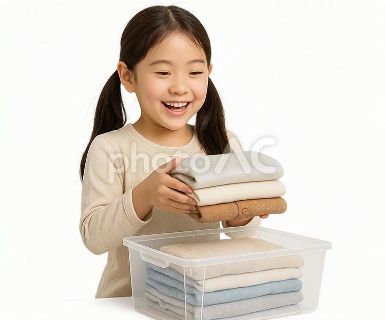 収納ボックスと笑顔で服をたたむ女性の子供 子供,女の子,笑顔の写真素材