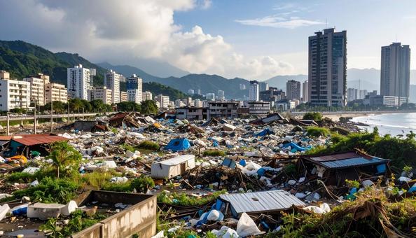 津波に襲われた後のガラクタだらけの住宅街 津波に襲われた後のガラクタだらけの住宅街の写真