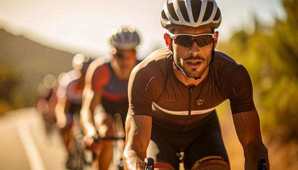 トライアスロン　自転車をこぐ選手たちの写真