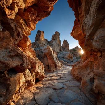 夕日が差し込む壮大な岩の峡谷の道 夕日が差し込む壮大な岩の峡谷の道の写真