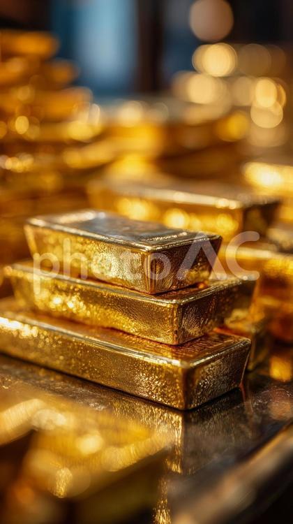 積み重なった金塊が放つ美しい黄金色の輝き 金塊,積み重ね,黄金色の写真素材
