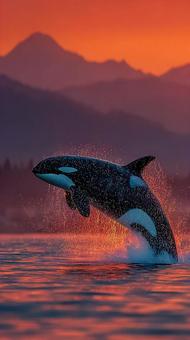 夕焼けにジャンプするシャチ 夕焼けにジャンプするシャチの写真