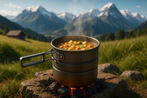 炭火温まる高原キャンプクッカーと雪山眺め 炭火温まる高原キャンプクッカーと雪山眺めの写真