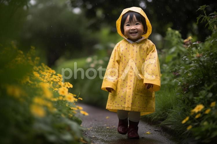 レインコートを着て公園を散歩する幼児 レインコート,梅雨,雨の写真素材