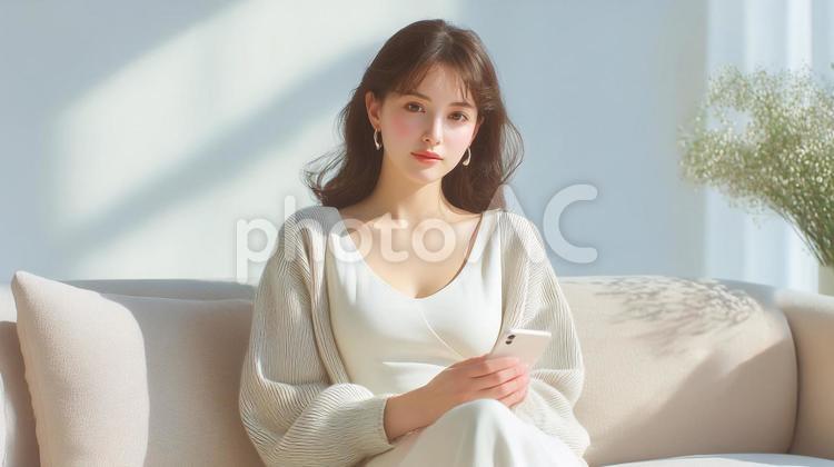 ソファーに座りスマフォを触る女性 女性,ビューティ,ソファーの写真素材