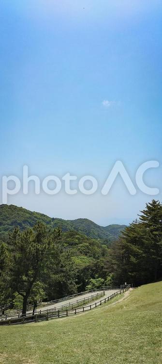 青空と緑に包まれたなだらかな山道の風景 青空,緑,山道の写真素材