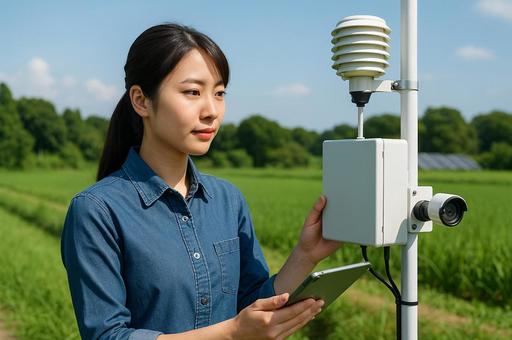 農業IoT設備を点検する女性エンジニア 農業IoT設備を点検する女性エンジニアの写真