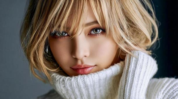 白いタートルニットを着た女性の美しい表情 白いタートルニットを着た女性の美しい表情の写真