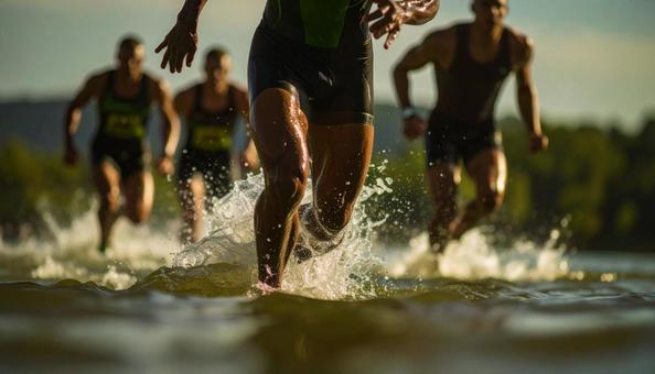 トライアスロン 一斉に水に飛び込む選手 トライアスロン 一斉に水に飛び込む選手の写真