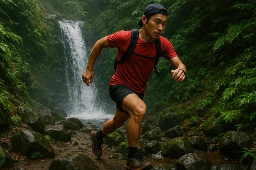 滝のそばを駆け抜けるトレイルランナー 滝のそばを駆け抜けるトレイルランナーの写真
