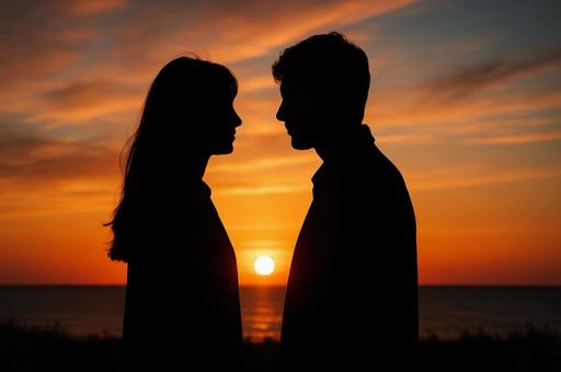 夕日を背景に向かい合う男女のシルエット 夕日を背景に向かい合う男女のシルエットの写真