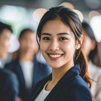 ビジネスの場で笑顔を見せる若い女性 ビジネスの場で笑顔を見せる若い女性の写真