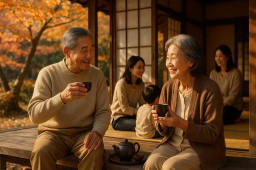 縁側でお茶を楽しむ夫婦 縁側でお茶を楽しむ夫婦の写真