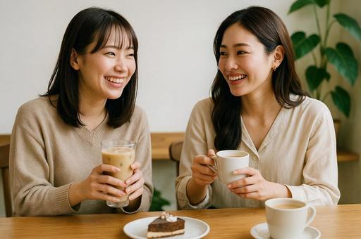 カフェで笑顔で話す2人の若い女性 カフェで笑顔で話す2人の若い女性の写真