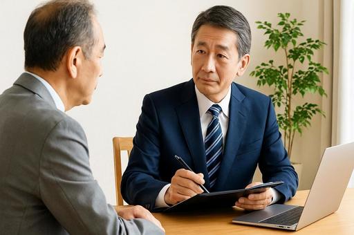 金融機関担当者(中高年)が社長と経営相談 金融機関担当者(中高年)が社長と経営相談の写真