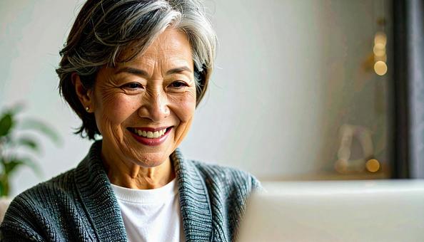 パソコンに向かって笑顔の50代の女性 パソコンに向かって笑顔の50代の女性の写真