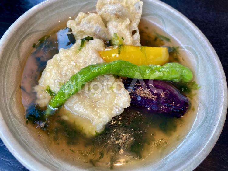 さっぱり食べれる夏野菜の揚げ浸し。和食 揚げ浸し,茄子,揚げ出し豆腐の写真素材