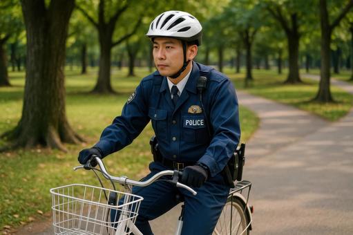 公園を巡回する自転車警官 公園を巡回する自転車警官の写真