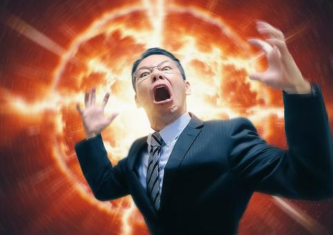 パワハラ上司と炎の背景 ビジネスマン,男性,怒りの写真素材