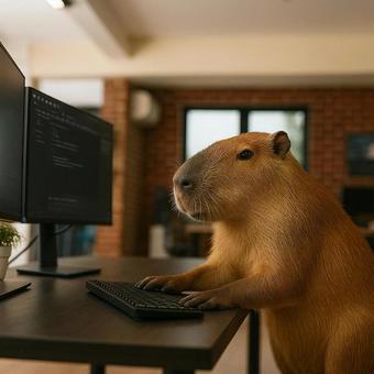 Capybara working on a computer, working animals, business animal, capybara, JPG