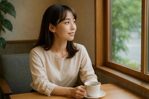窓際で外を眺める女性 窓際で外を眺める女性の写真