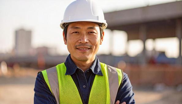 建設現場で腕組する建設作業員 建設現場で腕組する建設作業員の写真