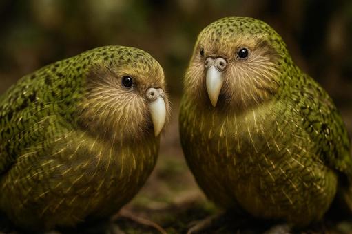 森の中で寄り添う、2匹のカカポ 森の中で寄り添う、2匹のカカポの写真