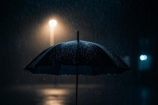 雨の中に佇む黒い傘と街灯の灯り 雨の中に佇む黒い傘と街灯の灯りの写真