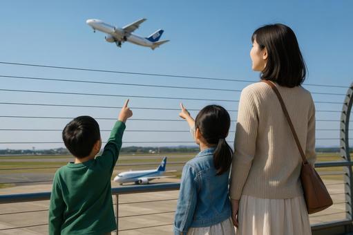 空港の展望デッキで飛行機を見上げる親子 空港の展望デッキで飛行機を見上げる親子の写真