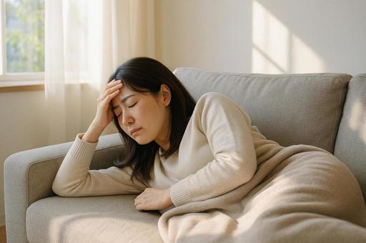 体調を崩しソファで横になる女性の写真