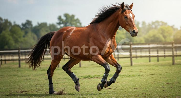 牧場の草原を軽快に走る茶色い馬 馬,走る,駆けるの写真素材