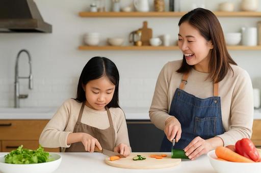 母親に料理を教わる女の子 母親に料理を教わる女の子の写真