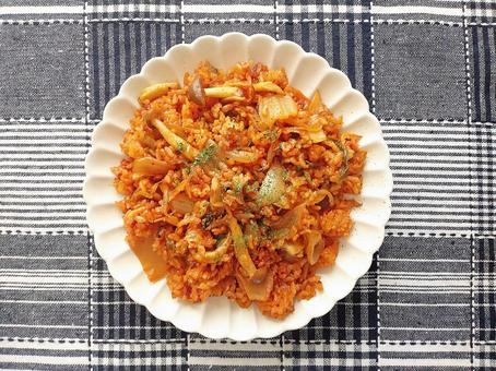 キムチ炒飯 青のり有り 上から見た画 キムチ炒飯 青のり有り 上から見た画の写真