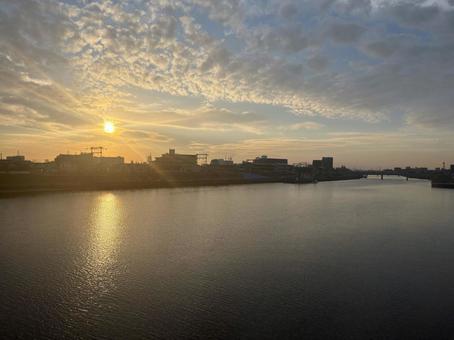 朝日映す水面　綺麗なうろこ雲 散歩道,朝日,朝の写真素材