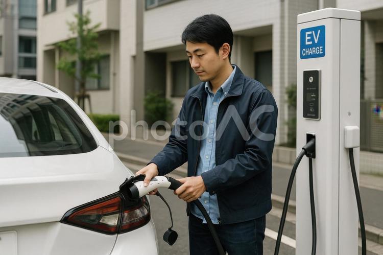 EVを充電する日本人男性 電気自動車,充電,evの写真素材