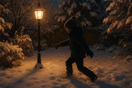 夜の冬の庭を走る子ども 夜の冬の庭を走る子どもの写真