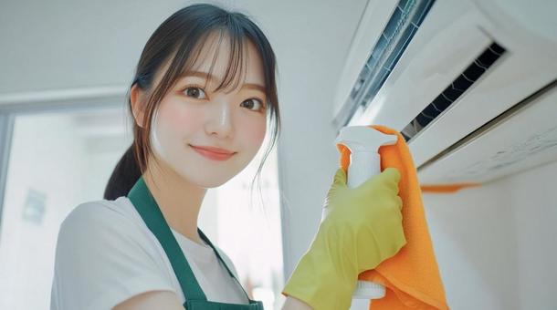 エアコンを掃除する若い女性 エアコンを掃除する若い女性の写真
