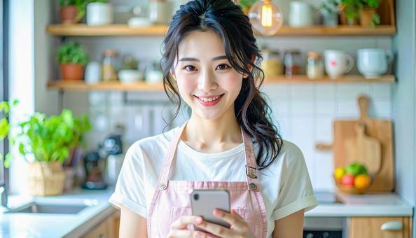 スマホでポイ活する笑顔の女性 スマホでポイ活する笑顔の女性の写真