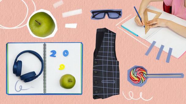 勉強する手元とりんごなどのコラージュ 手元,子ども,人物の写真素材