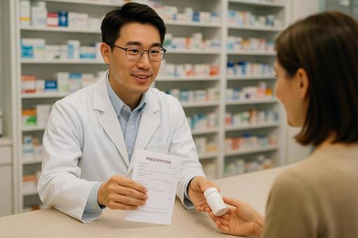 薬剤師が処方箋と薬を渡すシーン 薬剤師が処方箋と薬を渡すシーンの写真