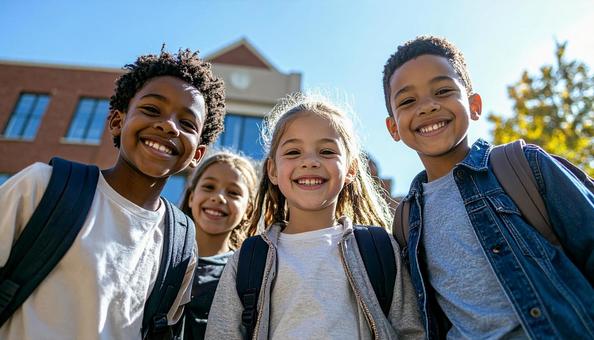 学校に通う仲良しの外国人の子供たち 学校に通う仲良しの外国人の子供たちの写真